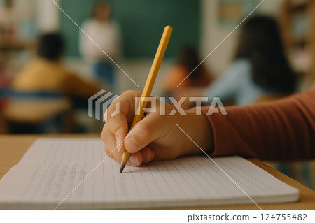 Student Writing Notes During Class at a School in the Afternoon With a Teacher Presenting in the Background Student Writing Notes During Class at a School in the Afternoon With a Teacher Presenting in the Background 124755482