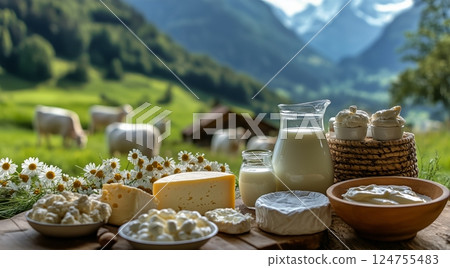 Cheese Selection on Wooden Board With Cows Grazing in Scenic Mountain Landscape 124755483