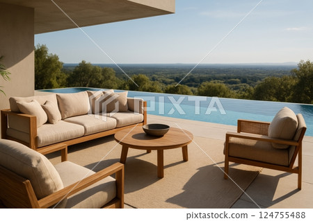Modern Outdoor Lounge Area With Stunning View Overlooking Serene Landscape at Golden Hour 124755488