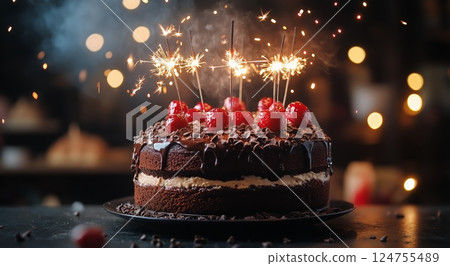Chocolate Cake With Sparklers on a Festive Night Celebration Surrounded by Twinkling Lights 124755489