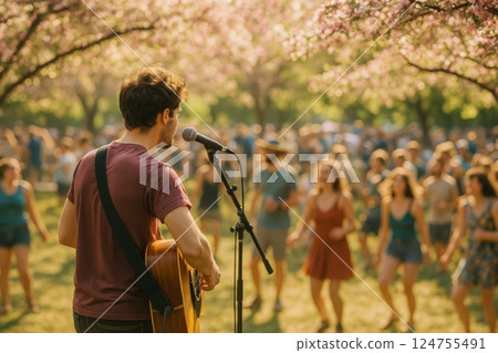 Live Music Performance in a Blooming Park Gathering During Spring Afternoon 124755491