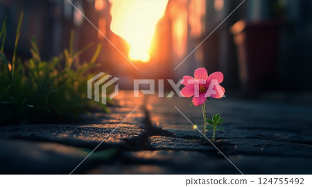 Beautiful Pink Flower Blooming on Paved Path During Golden Hour 124755492