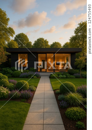 Modern Home With Large Windows and Lush Garden at Sunset in a Tranquil Setting 124755493