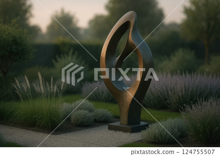 Elegant Abstract Sculpture in a Tranquil Garden Setting at Sunset Elegant Abstract Sculpture in a Tranquil Garden Setting at Sunset 124755507