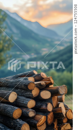 Stacked Firewood Arranged Neatly on Stones in a Serene Mountainous Landscape 124755508