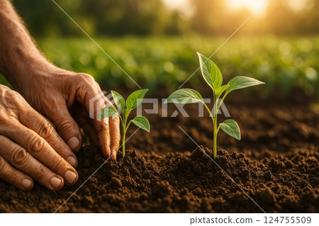Gardener Planting Seedlings in Rich Soil During Sunset in Agricultural Field 124755509