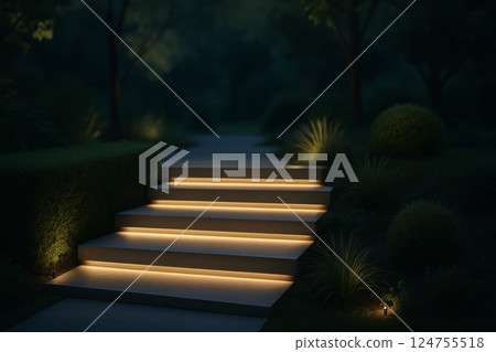 Outdoor Illuminated Garden Steps Leading to a Pathway at Night 124755518
