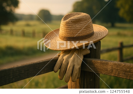 Vintage Straw Hat and Gloves Resting on a Rustic Wooden Fence During a Golden Sunrise 124755548