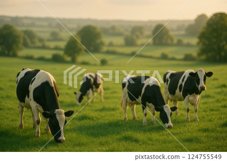 Cows Grazing in a Green Pasture During Sunset in a Rural Landscape Cows Grazing in a Green Pasture During Sunset in a Rural Landscape 124755549