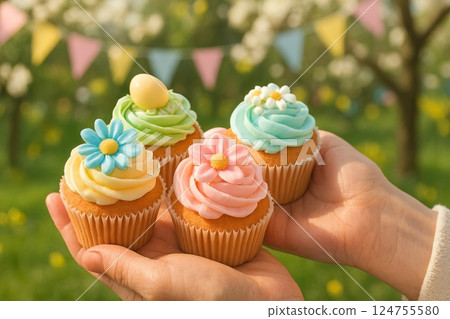 Colorful Spring Cupcakes Held in Hands at an Outdoor Celebration in a Garden Setting 124755580