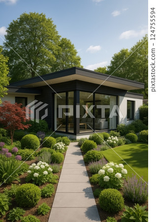 Modern Garden Design Enhances Contemporary House Exterior With Lush Greenery and Vibrant Flowers 124755594
