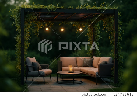 Cozy Outdoor Seating Area With Soft Lighting in a Garden During Twilight 124755613