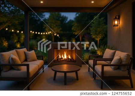 Cozy Outdoor Seating Area With Fireplace in Serene Garden Setting During Twilight Cozy Outdoor Seating Area With Fireplace in Serene Garden Setting During Twilight 124755652