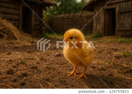 Bright Yellow Chick Exploring Dirt Near Rustic Wooden Structures in the Countryside Bright Yellow Chick Exploring Dirt Near Rustic Wooden Structures in the Countryside 124755653