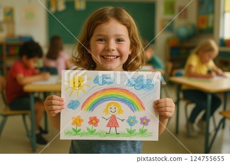 Child Proudly Displays Colorful Artwork Featuring a Rainbow and Flowers in a Classroom Setting 124755655