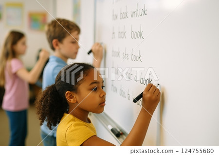 Children Engaged in Writing Activities on a Classroom Whiteboard During an Afternoon Lesson Children Engaged in Writing Activities on a Classroom Whiteboard During an Afternoon Lesson 124755680