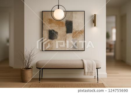 Modern Interior Design Featuring a Minimalist Bench and Abstract Artwork in a Stylish Living Space 124755690