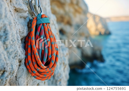 Brightly Colored Climbing Rope Secured on Rocky Cliff by the Seaside During Sunset 124755691