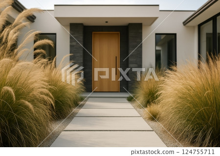 Pathway Lined With Ornamental Grass Leading to a Modern Home Entrance in Bright Daylight 124755711