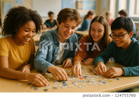 Engaging Puzzle Activity Among Friends in a Classroom Setting on a Sunny Afternoon 124755760