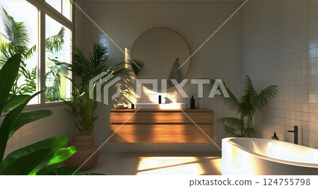 Serene Bathroom With Natural Light and Greenery Providing a Tranquil Atmosphere 124755798