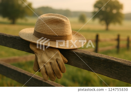 Farm Tools Resting on a Wooden Fence at Dusk Near a Tranquil Field 124755830