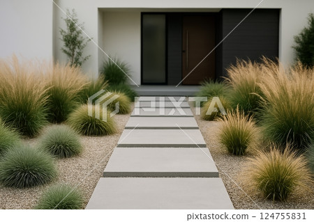 Modern Front Yard Design Featuring Stone Pathway and Ornamental Grass in a Minimalist Setting 124755831