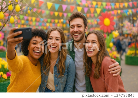 Friends Enjoying a Joyful Moment at a Vibrant Spring Festival Filled With Flowers and Decorations 124755845