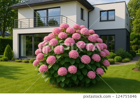 Beautiful Hydrangea Bush in Full Bloom Near Modern House on Sunny Day 124755846