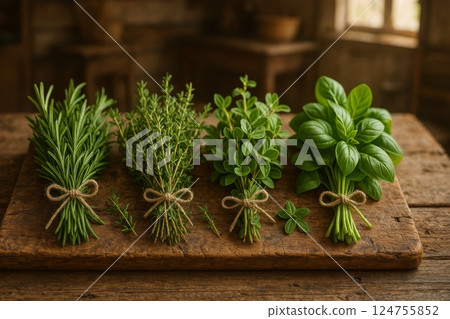 Freshly Bundled Herbs on a Wooden Table in a Rustic Kitchen Setting 124755852