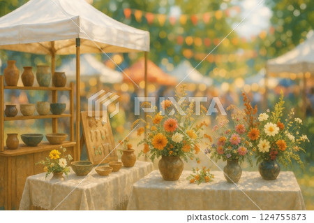 Vibrant Floral Displays at a Local Market Under the Afternoon Sun, With Tents and Happy Crowds 124755873