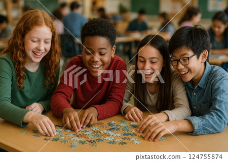 Kids Enjoy Teamwork While Completing a Colorful Puzzle During Class Activity 124755874