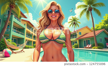 Sunny poolside scene with a smiling woman. 124755896