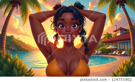 Tropical sunset by the pool. 124755902