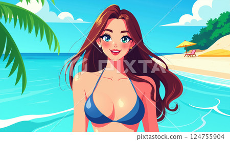 Cartoon woman on beach. 124755904