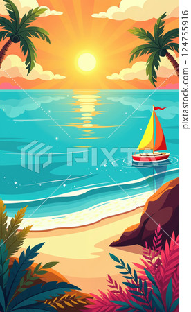Tropical sunset beach scene. 124755916