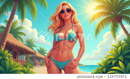 Tropical beach scene with a woman in a bikini. 124755951