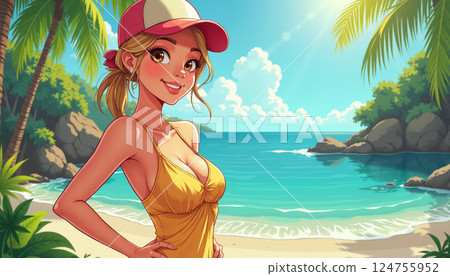 Blonde woman on a beach. 124755952