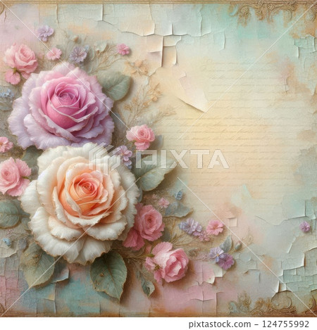 A vintage-inspired, floral art featuring pastel roses and love letters with cracked paint and faded textures. Fine gold accents and soft lighting create an elegant, nostalgic atmosphere. 124755992