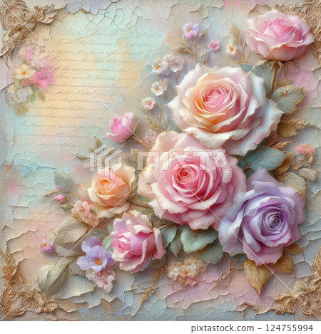 Delicate vintage decor featuring soft pastel tones, cracked paint texture, and roses with fine gold details. 124755994