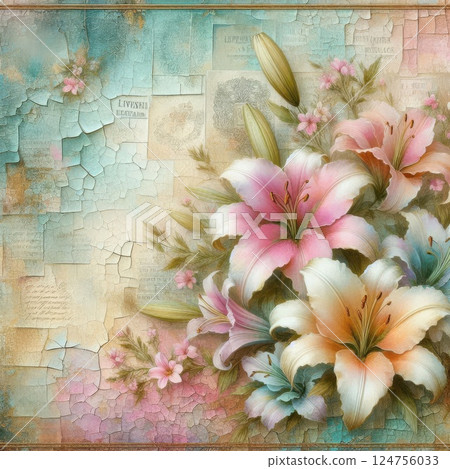 Dreamy floral composition with 3D lilies, fine gold trim, and a nostalgic pastel background with crackle textures and faded handwritten letters 124756033