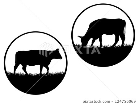 detailed realistic cows black and white vector circle emblem silhouette set detailed realistic cows black and white vector circle emblem silhouette set 124756069