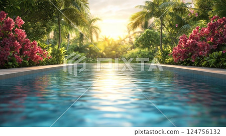 Tranquil Poolside View With Vibrant Flowers and Sunset Glow in a Tropical Garden Setting 124756132