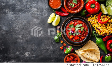 Colorful Ingredients and Delicious Tacos Arranged for a Festive Mexican Meal Preparation 124756133
