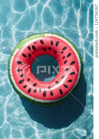 Colorful Watermelon Float Resting in Refreshing Blue Pool Water Colorful Watermelon Float Resting in Refreshing Blue Pool Water 124756167