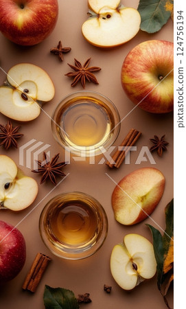 Festive Drink Arrangement With Apples, Spices, and Greenery During Autumn Harvest Season 124756194