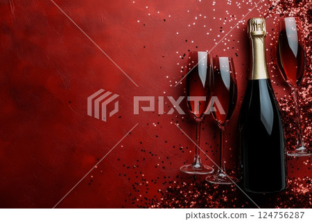 Celebration With Sparkling Wine and Festive Decorations on Red Background 124756287