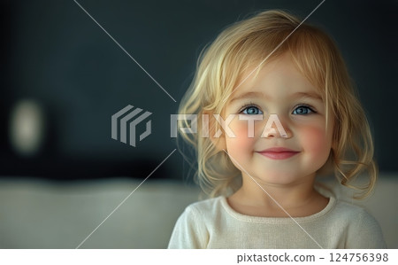 Cute Young Girl With Blonde Hair Smiles Brightly in Indoor Setting 124756398