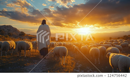 Shepherd Guiding His Flock of Sheep Through a Valley at Sunset in the Mountains 124756442