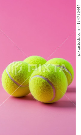 Bright Yellow Tennis Balls Arranged on a Pink Background Highlighting Sports Equipment 124756444